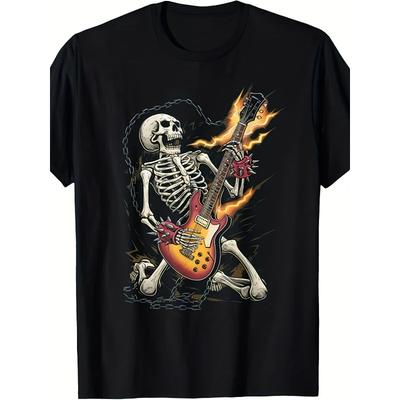 European Sizes Orange Skeleton Guitarist Rock Star Graphic T-Shirt Men'S & Women'S with Electric Guitar & Flames Design, Retro Rock Style