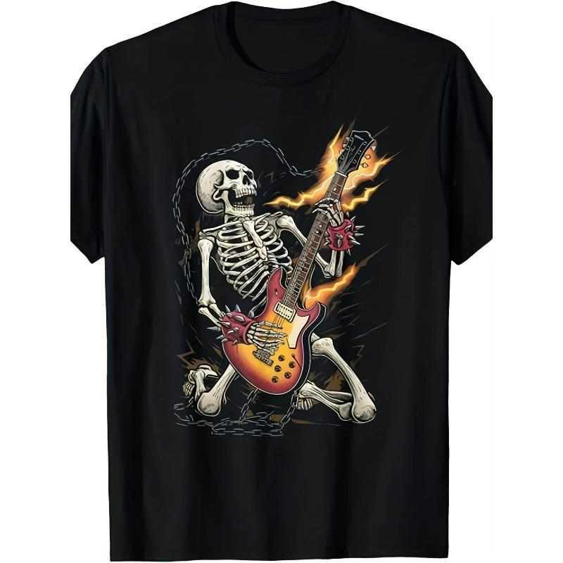 

European sizes Orange Skeleton Guitarist Rock Star Graphic T-Shirt Men S & Women S with Electric Guitar & Flames Design, Retro Rock Style 4XL чорний