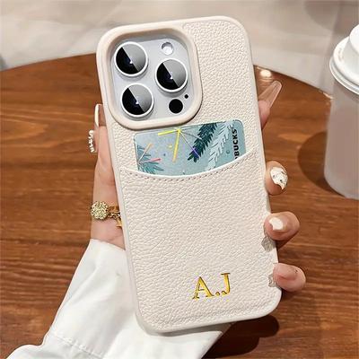 Coque Personnalisée avec Initiales de Nom Pour iPhone 12 13 14 15 16 Pro Max Sac Pochette Porte-Cartes en Cuir Housse Motif Litchi