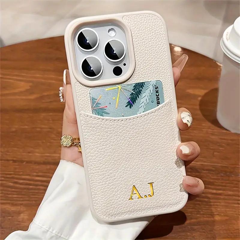 

Personalized Name Initial Case For iPhone 12 13 14 15 16 Pro Max Leather Card Slot Bag Lichee Pattern Cover For iPhone 12 Pro