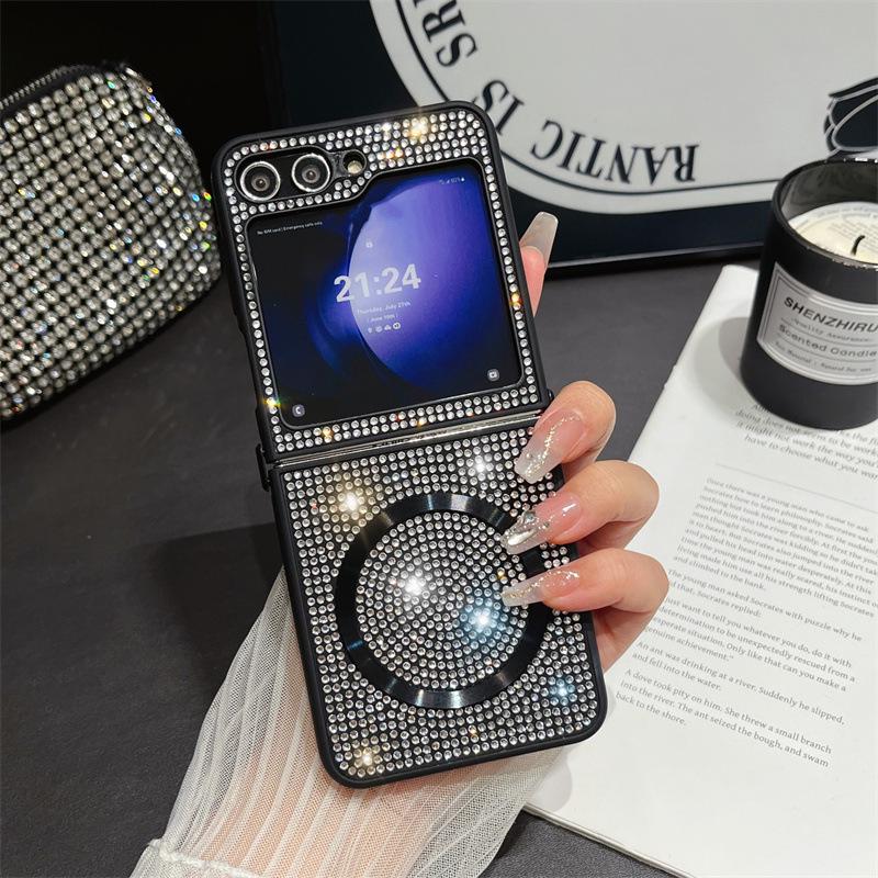 Diamond Magnetic Protective Case with Lanyard for Samsung Z Flip 6/7, Compatible with Wireless Charging