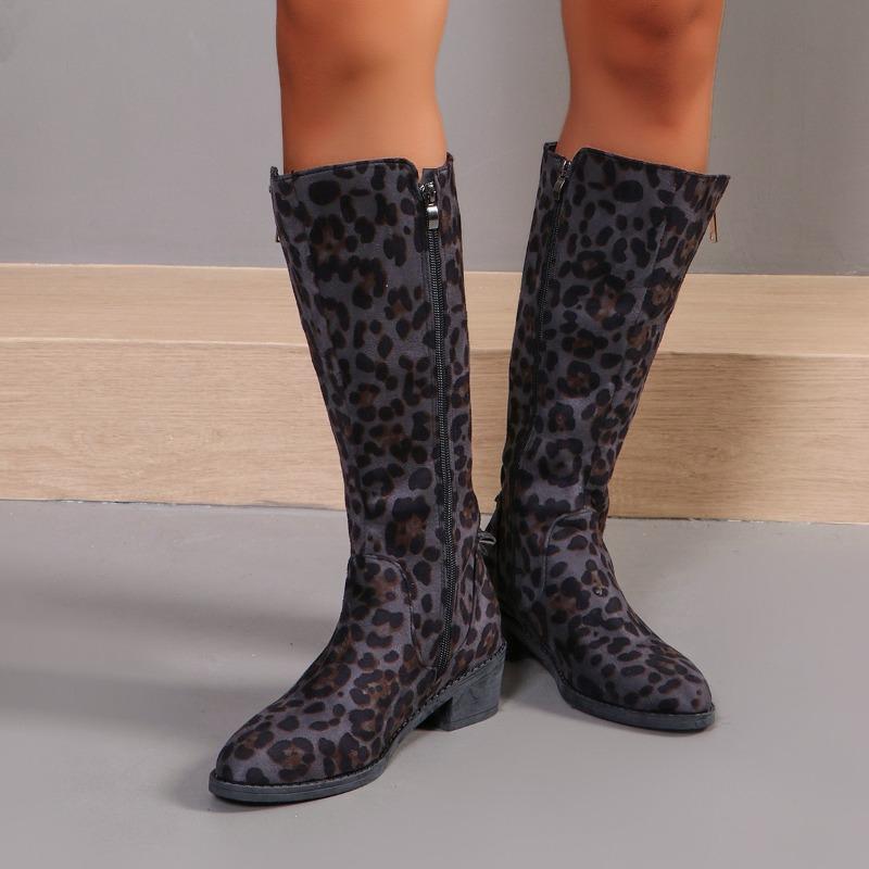 Fashion Trendy High Top Boots 2024 Autumn New Leopard Print Design Casual Anti Slip and Wear-resistant Long Top Women's Boots Large Size