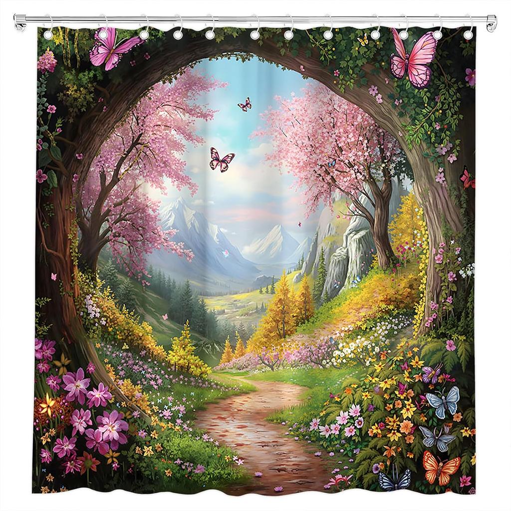 Enchanted Forest Shower Curtain Cherry Blossom Butterfly Jungle Mountain Nature Spring Scenic Garden Wonderland Fairy Tale