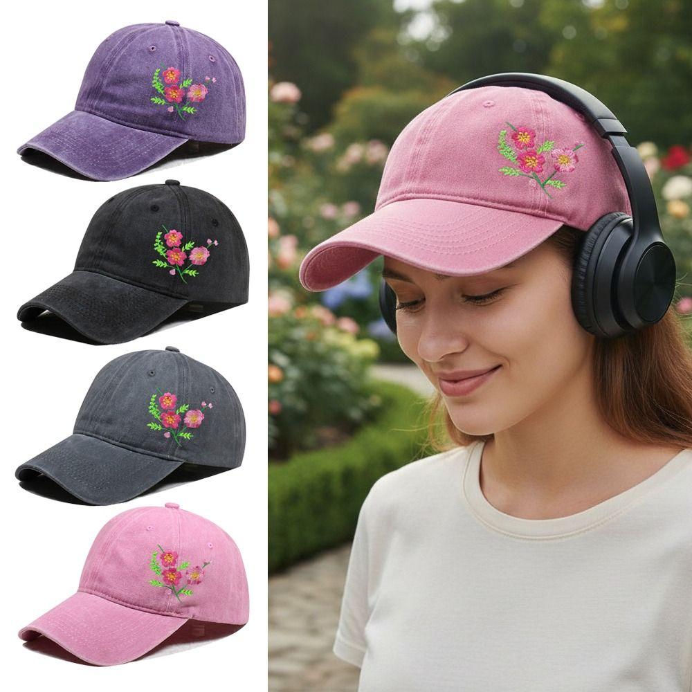 Retro Floral Embroidery Baseball Cap Washed Cotton Adjustable Peaked Cap Casquette For Man Women