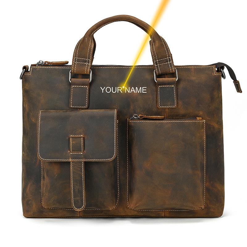 Retro Men'S Multifunctional Briefcase Crazy Horse Leather Computer Bag Genuine Leather Shoulder Bag Business Tote Bag