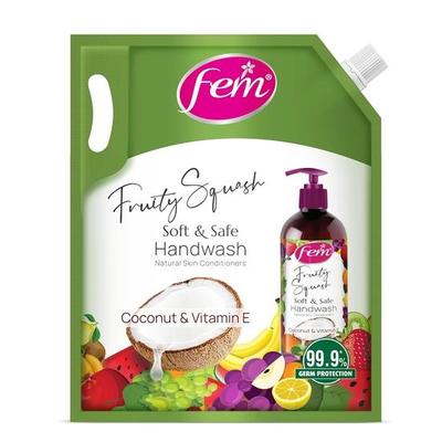 Fem Fruity Squash Soft & Safe Handwash - 1500Ml|Enriched With Goodness Of Coconut Milk & Vitamin E|Long Lasting Fragrance