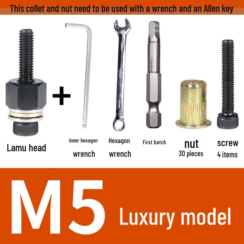 Multi-Purpose Electric Rivet Tool with Manual Wrench and Nut Head Attachment