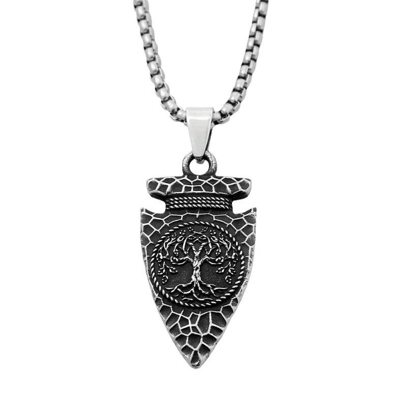 Retro Viking Tree of Life Pendant Necklace with Stainless Steel Chain - Nordic Spearhead Amulet Jewelry