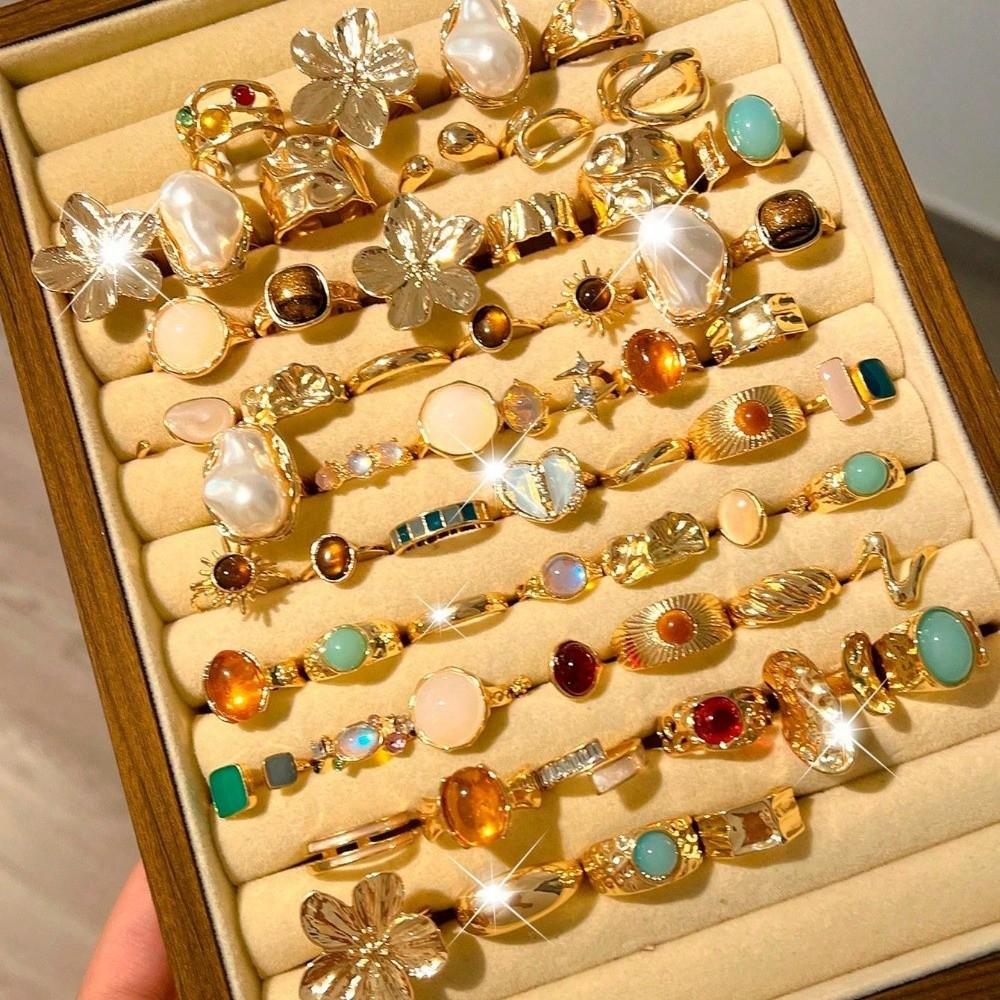 Tiger Eye Inlaid Crystal Ring Set Gold Plated Finger Open Rings Set New Geometric Rings Set Women
