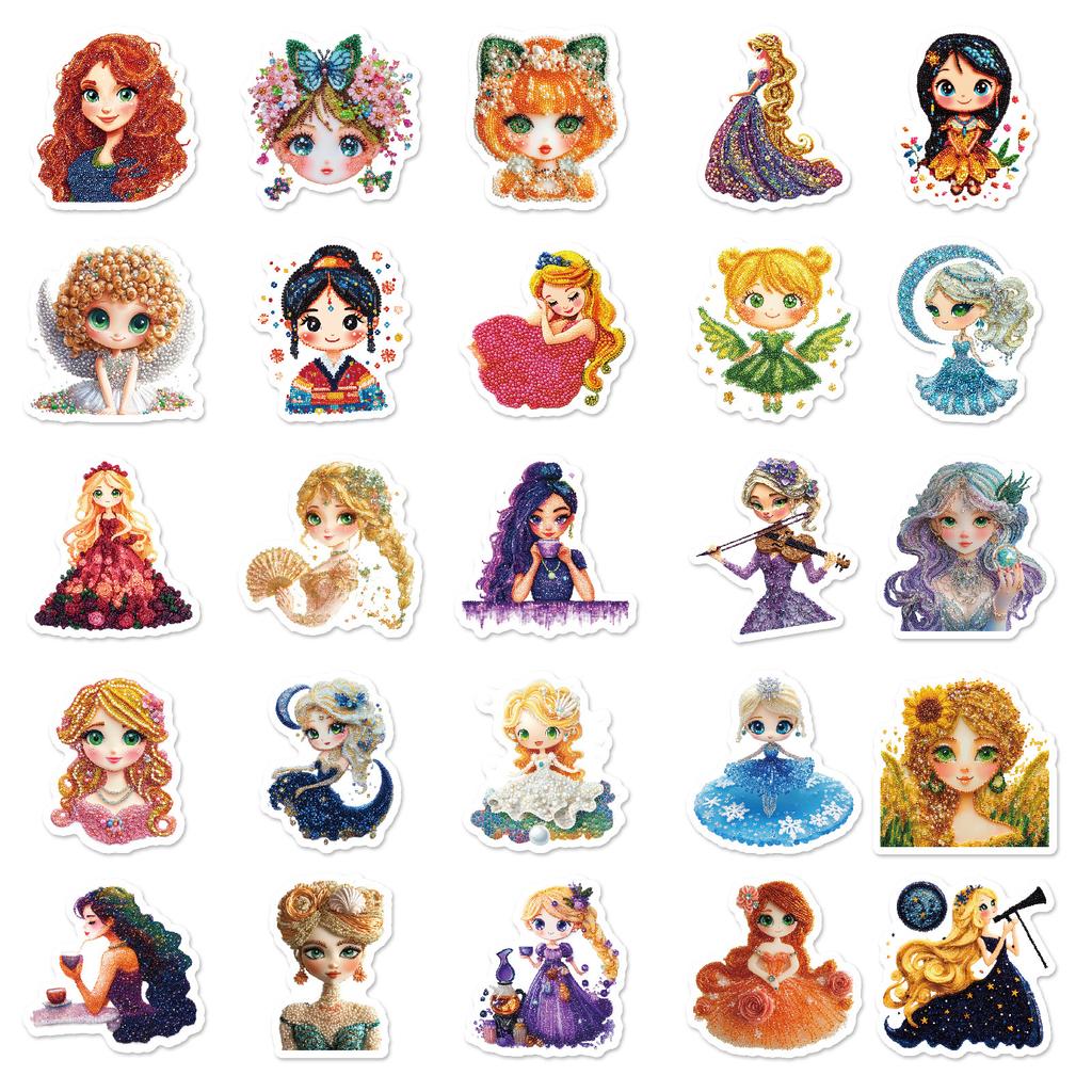 50PCS Cute Princess Diamond Painting Stickers, Waterproof Decals for Phone Case Guitar Water Cup