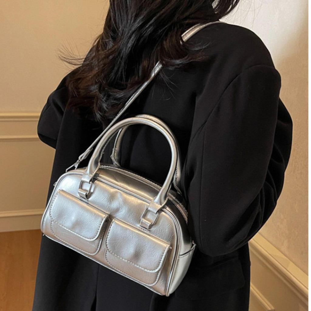 Harujio Mini Boston Tasche mit doppelter Tasche, Umhängetasche, Boston Tasche, Horizontale Tasche, Damen, 2-Wege, Klein, Horizontal, Umhängetasche, Crossbody Tasche,