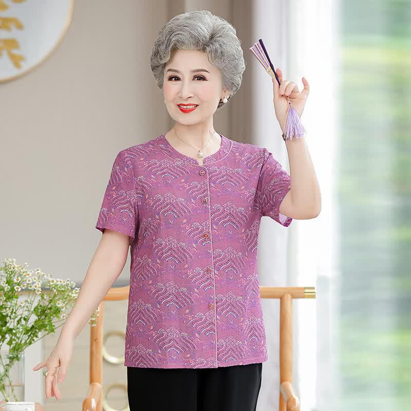 Elderly Women's Floral Short-Sleeve Cardigan Shirt