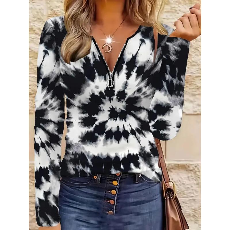 Women's Elegant Printed Zipper Long-sleeved Top, Stylish and Versatile for Autumn and Winter Casual and Office Wear, Machine Washable