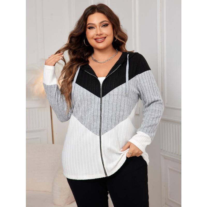 Autumn and Winter Women's Plus Size Striped Loose Cardigan Jacket Clashing Color Casual Comfortable Jacket