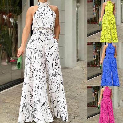Damen-Overall mit hängendem Hals, bedruckt, modischer Rundhals-Jumpsuit zum Binden, weites Bein, Hose