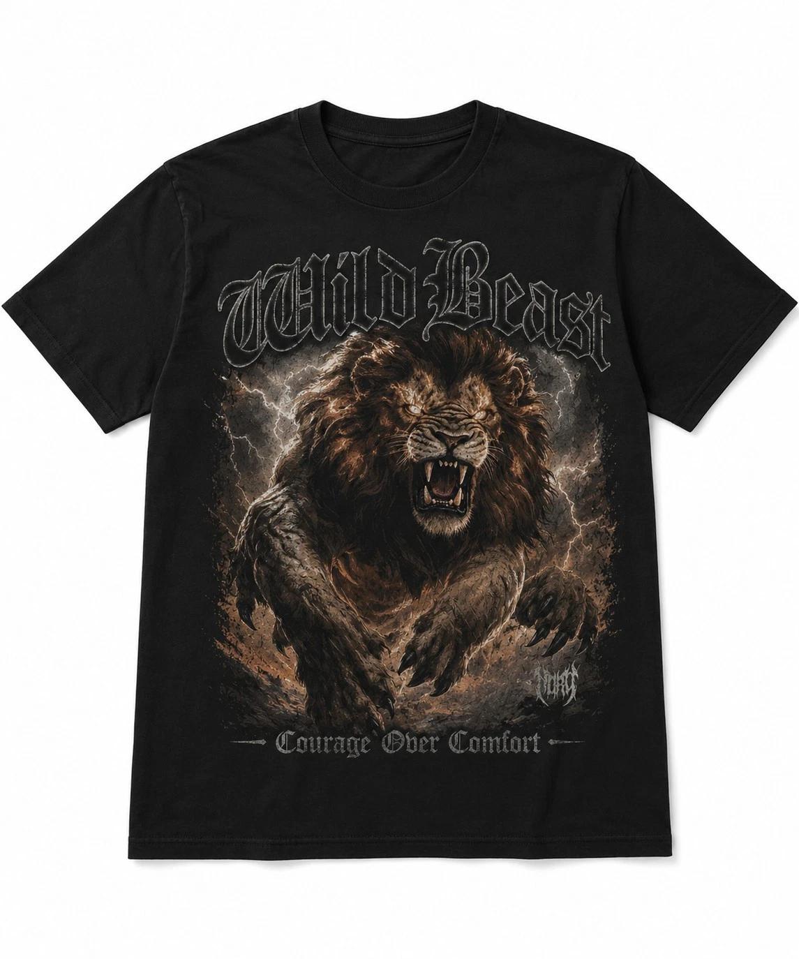 Wild Beast T-Shirt Courage Over Comfort Graphic Tee Roaring Lion Gym Gymwear M
