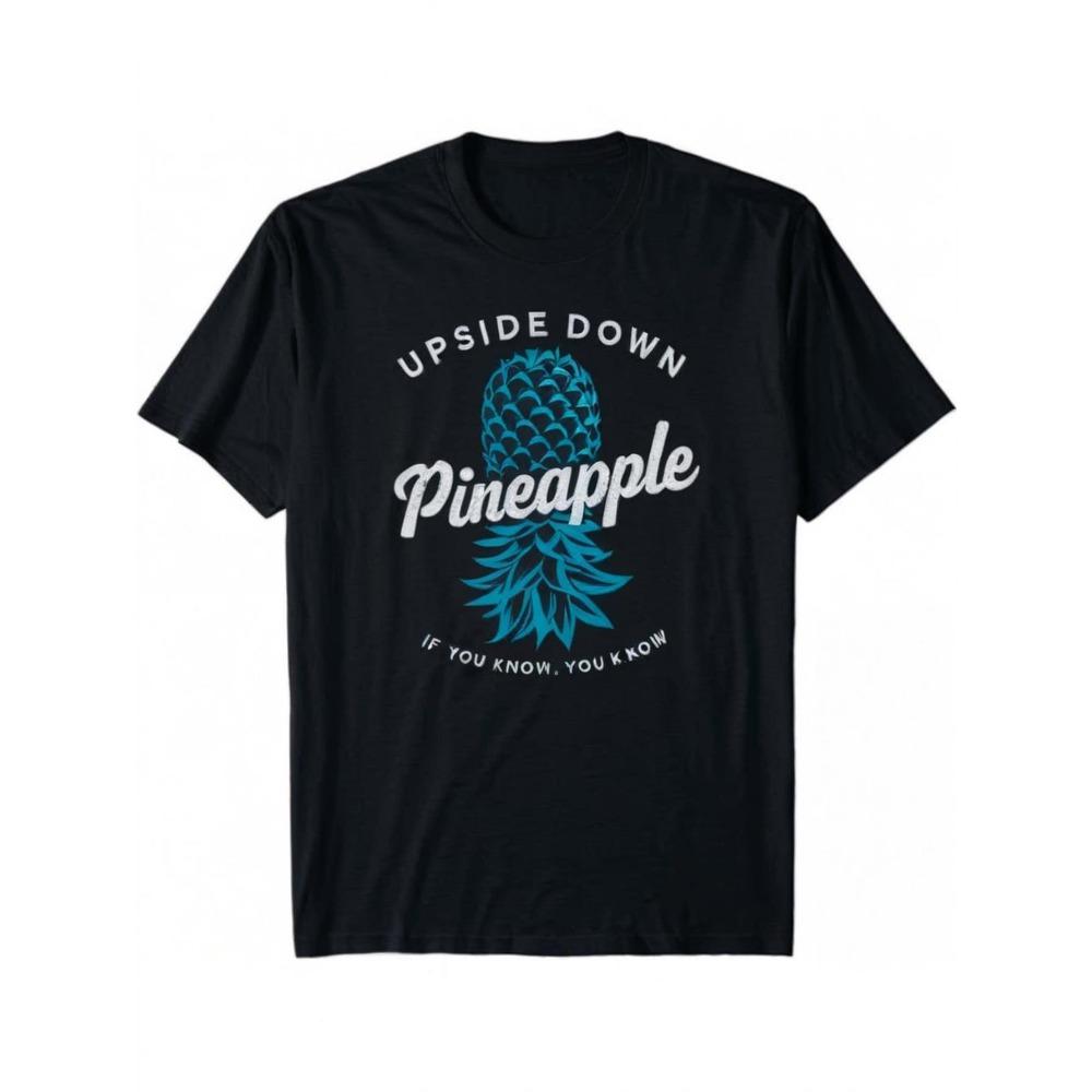 Men s Retro Pineapple Pattern T-Shirt Soft Cotton Casual Summer Style Black with Blue Pineapple Design S