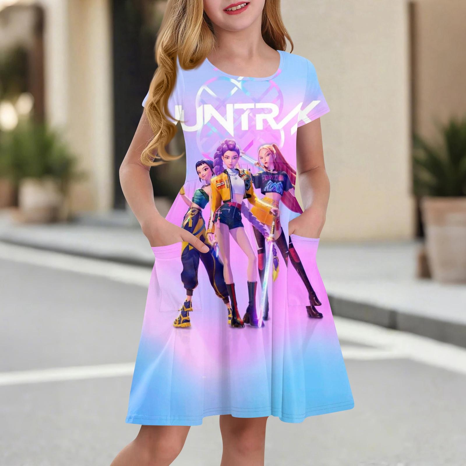 

Children s Skirt Round Neck Short Sleeve Princess Dress Fashion Casual Pocket Dress For Girls 100 синий