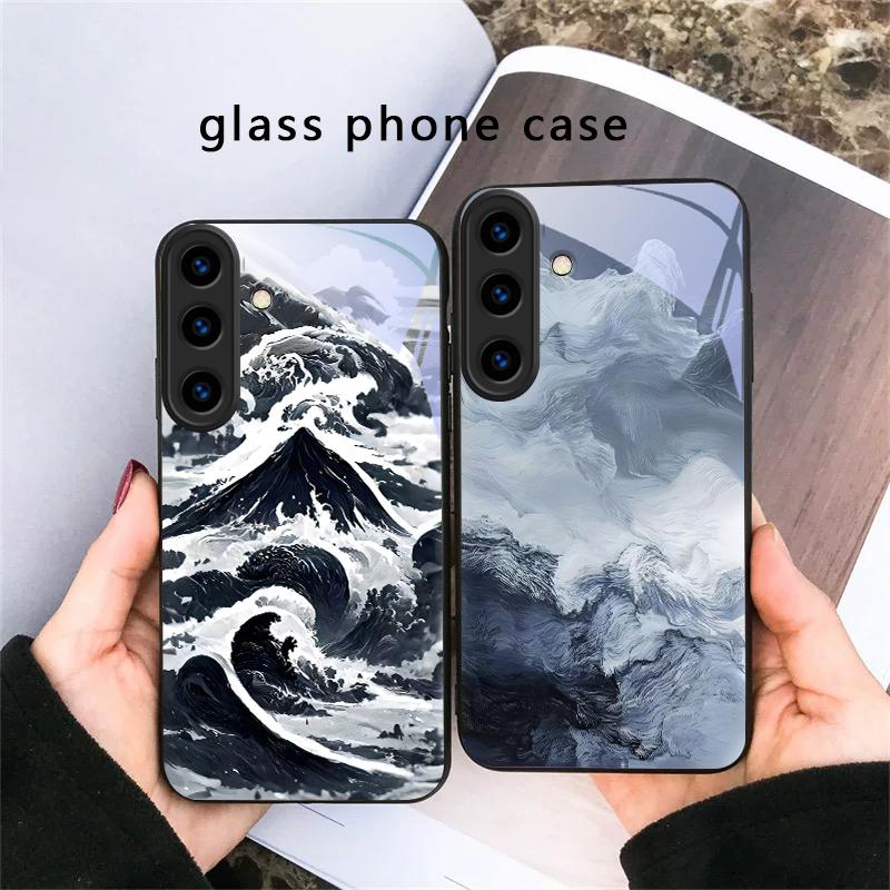 Abstrakte Moderne Wellen Für Samsung Galaxy S20 S21 S22 S23 Plus S24 FE S25 Ultra S26 Edge S25+ 20+ 22+ 24+ Schwarze Glas-Handyhülle