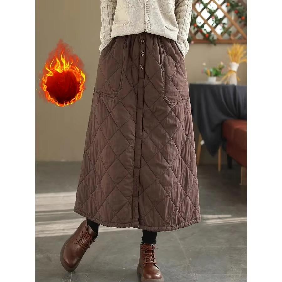 Retro Mom Diamond Grid Quilted Skirt Winter Warm Large Size Women's Clothing Casual High Waist Casual Cotton Skirt