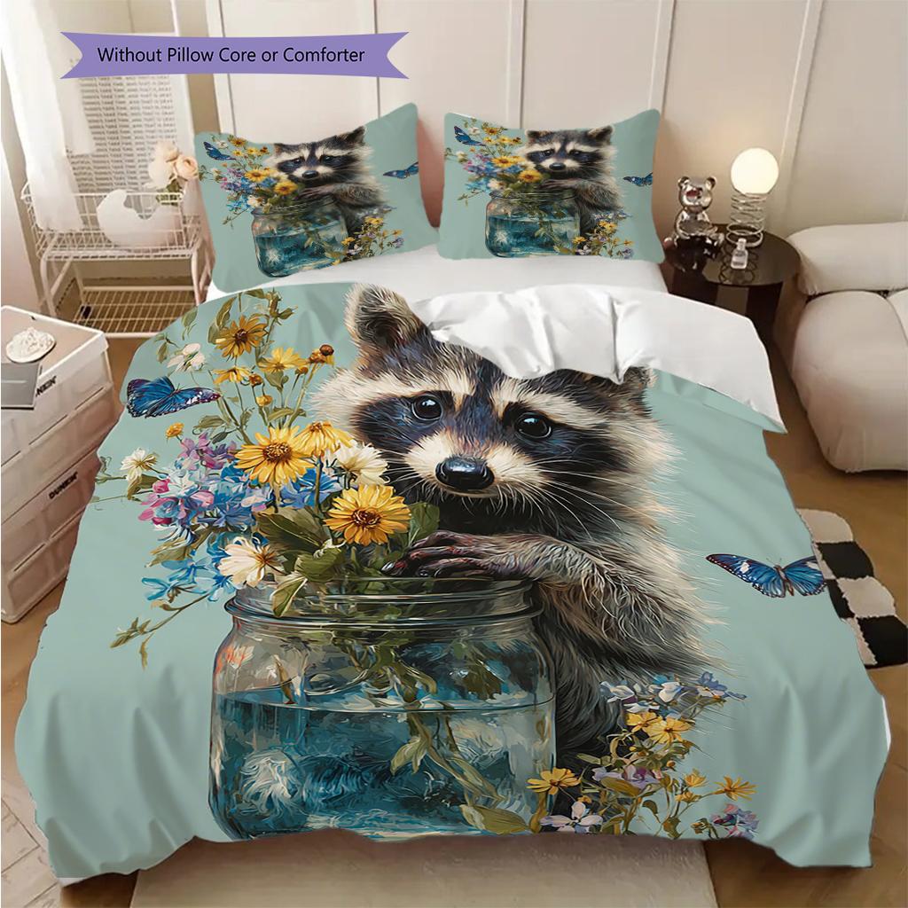 Raccoon Pattern Bedding Quilt Set Quilt Cover Pillowcase Home Decoration Birthday Gift (1 * duvet cover + 2 * pillowcase, without core)