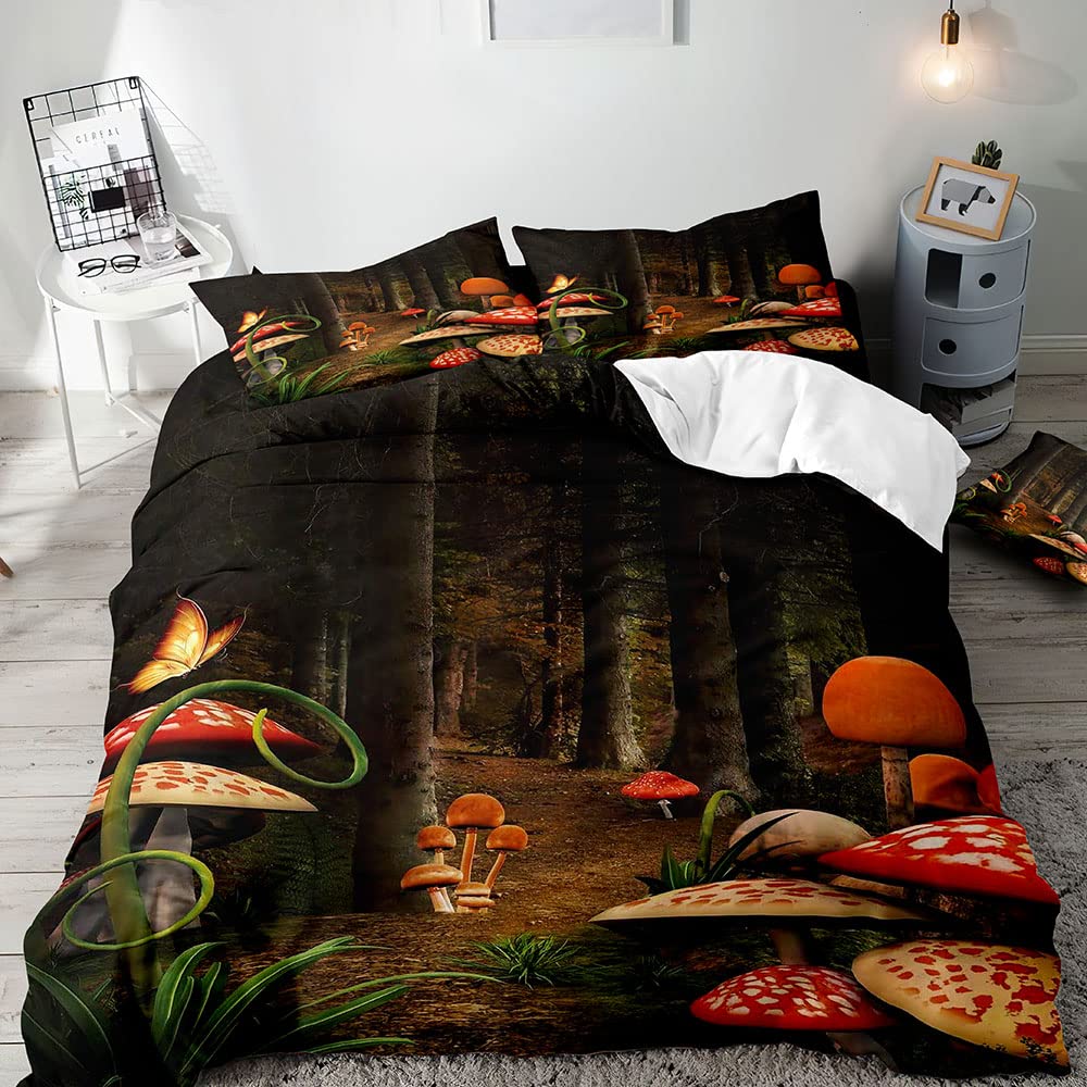 Mushroom King Duvet Cover Set Teens Girls Boys Kids Single Bedding Wonderland Enchanted Forest Butterfly Comforter Cover Set