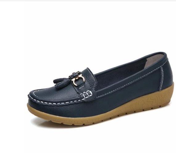 Spring Mother Shoes Single Shoes Hair Women Flat Bottom Women Doudou Flat Heel Leather Shoes Large Size Women'S Shoes
