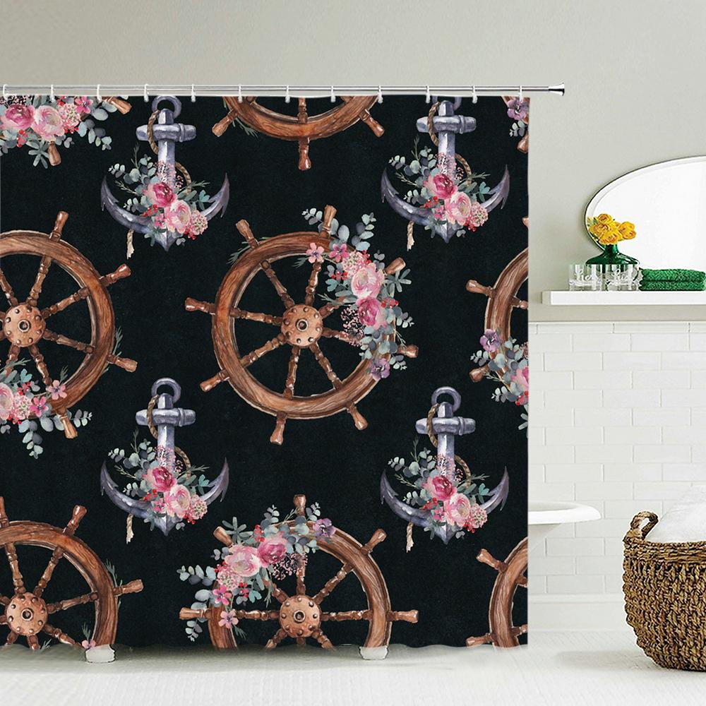 1 Pcs Shower Curtain Flowers Plants Black Printed Bathroom Curtain Polyester Cloth Waterproof Home Decoration Curtain with Hook