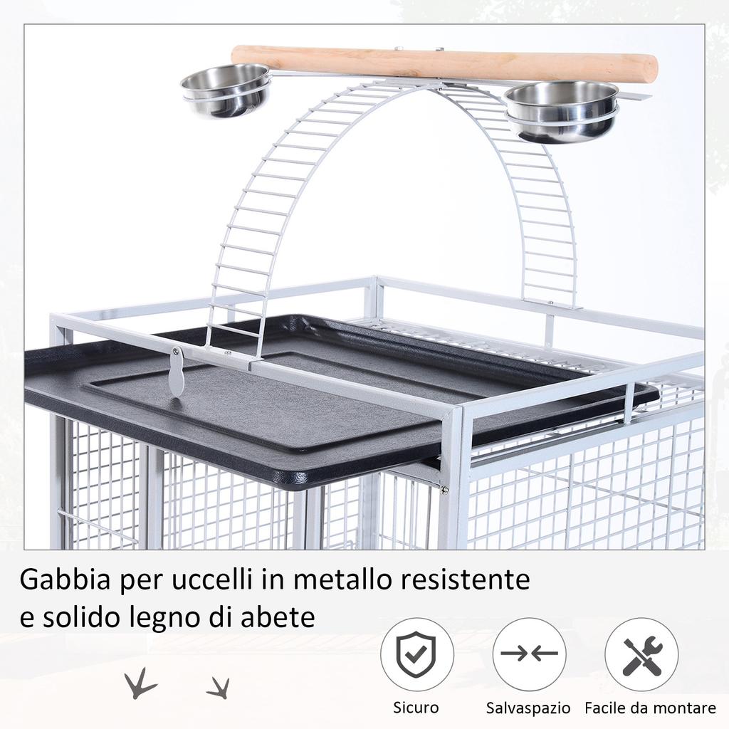 Bird Aviary with Wheels Height 161.5cm, Steel Bowls and Wooden Perches, Silver