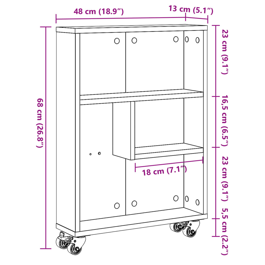 Narrow Storage Trolley Sonoma Oak Finish 48 x 13 x 68 cm Engineered Wood