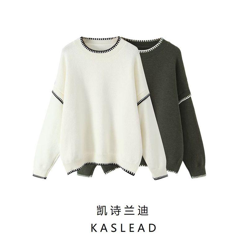 Kaslead New Women clothes Western Style Fashion Loose Contrast Color Pullover Long sleeve Sweater