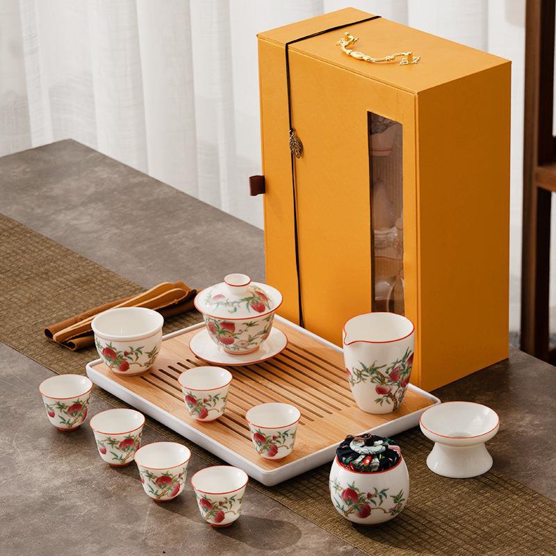 Dehua White Porcelain Sheep Fat Jade Kung Fu Tea Set Gaiwan Tea Cup Tea Tray Set Company Event Gift Souvenir