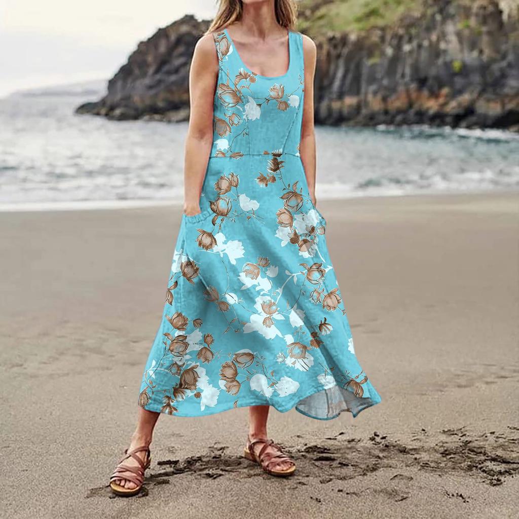 Women's Summer Casual Fashion Flower Printed Sleeveless Pocket Dress