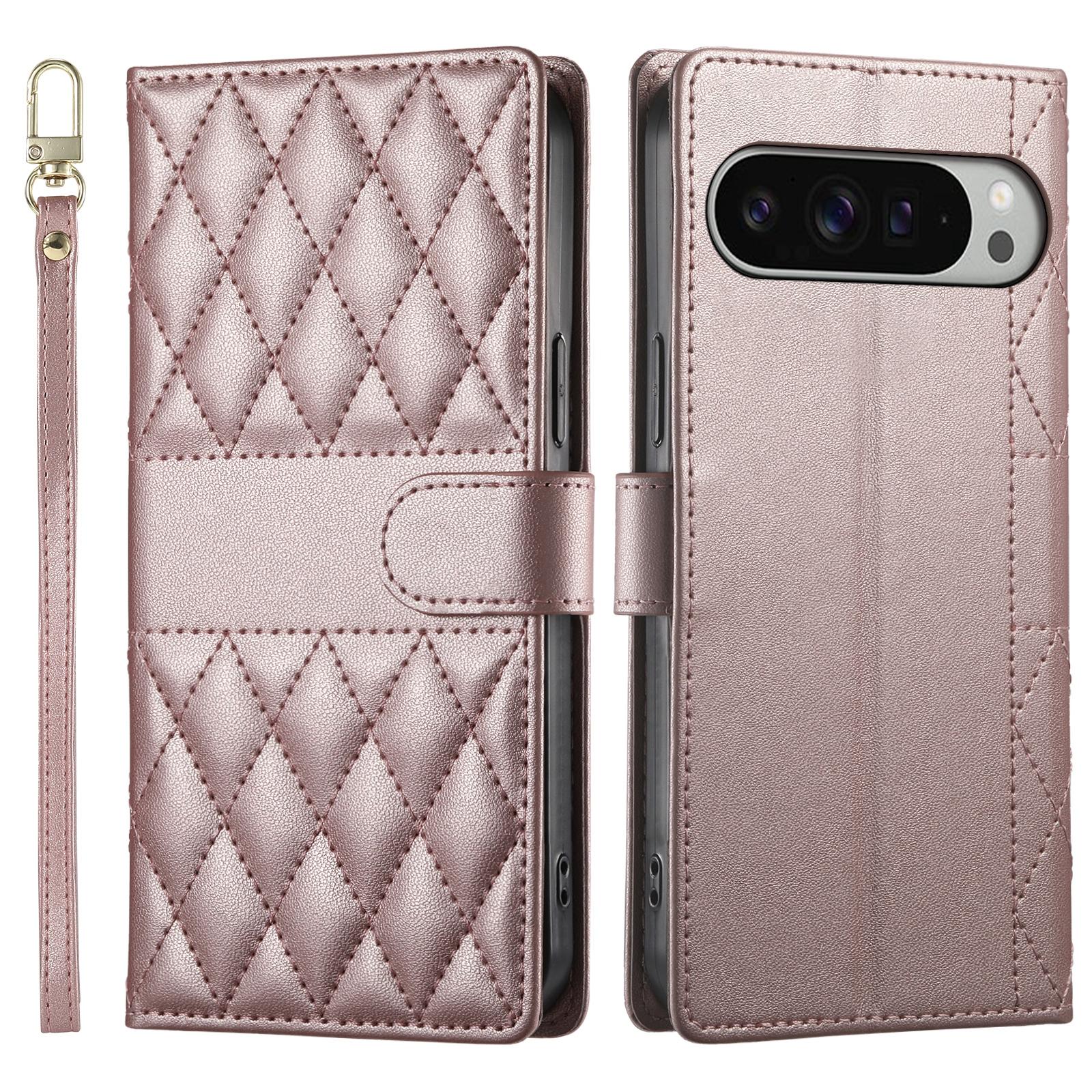 

For Google Pixel 9 Pro XL Case Rhombus Stitching Wallet Stand Leather Phone Cover with Long/Short Strap Rose Gold