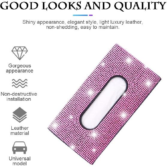 Bling Car Sun Visor Tissue Box Holder, Rhinestone PU Leather Crystal Sparkling Napkin Holder, Backseat Paper Towel Cover Case Car Accessories for