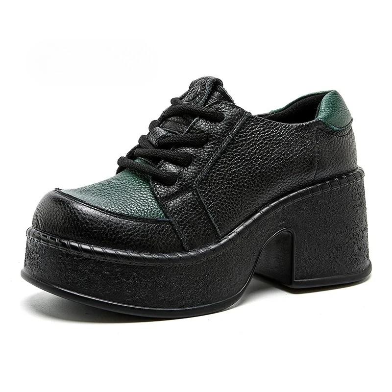 Fashion New Retro 7cm High Heels Women Shoes Flat Platform Thick Heels Shoes Mixed Colors Genuine Leather 2025 Luxury Lace Up Shoes