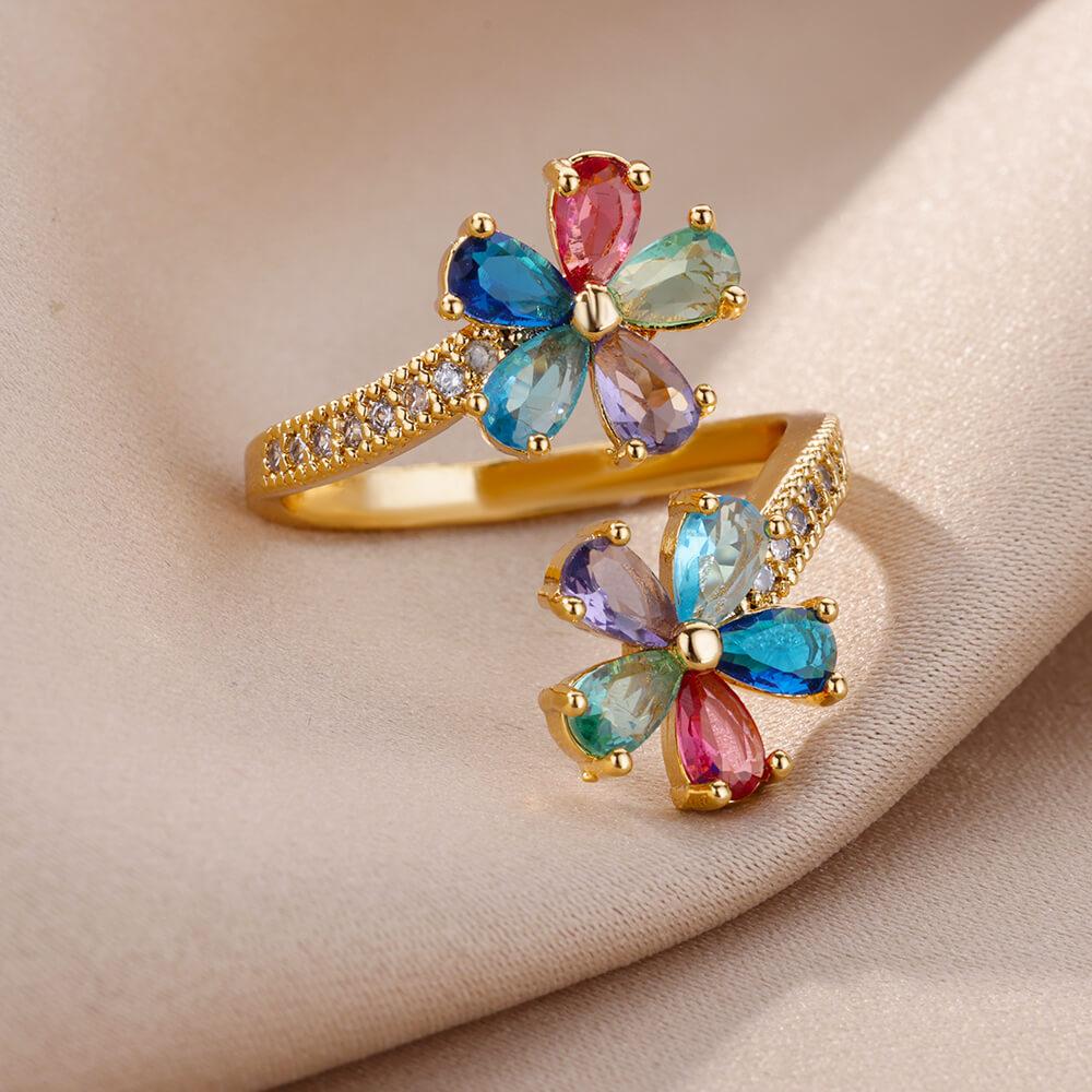 Colored Zircon Double Flower Rings For Women Gold Plated Stainless Steel Flower Opening Ring Wedding Aesthetic Jewelry Gift