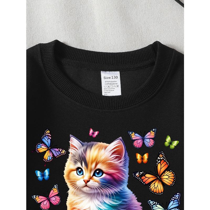 Kids Sweatshirt,Crew Neck Fashion Top, Fun"Rainbow Kitten Butterflies " Patterned Sweatshirt, for Everyday Casual Wear, for All Kinds of Daily Outfits