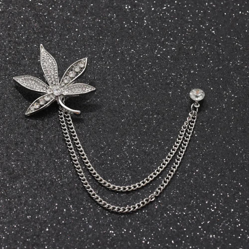 British Style High-end Maple Leaf Brooch with Rhinestone Chain Fashion Vintage Tassel Badge Lapel Pin for Men's Suit Accessories