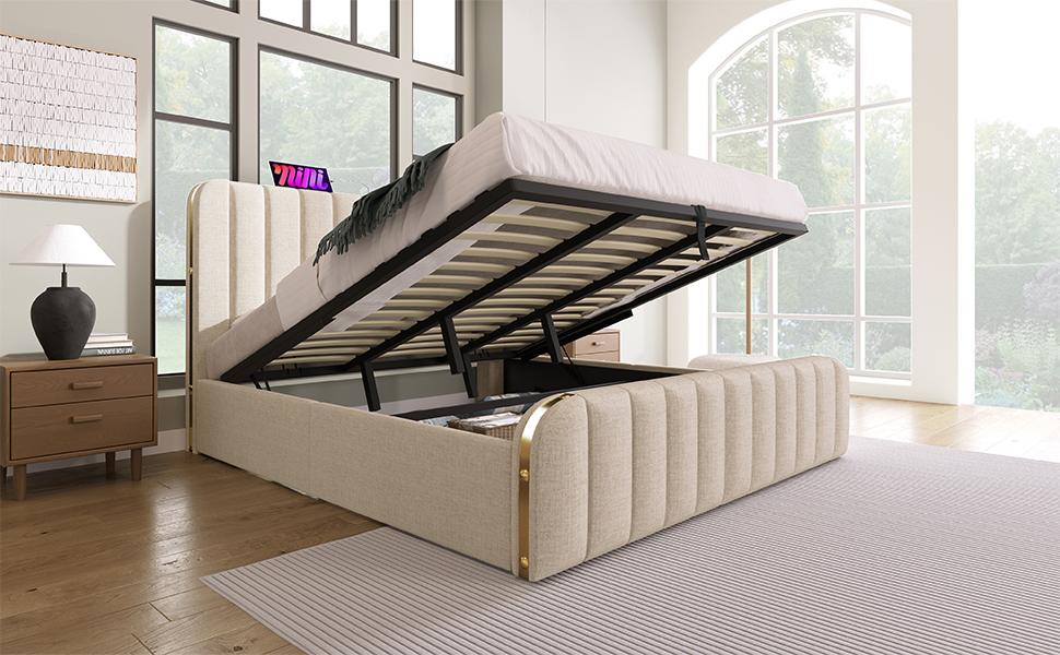 Padded Headboard with Golden Stripes and USB Type-C Charging 180*200 cm, Beige Linen Material Hydraulic Storage Bed (With Mattress)