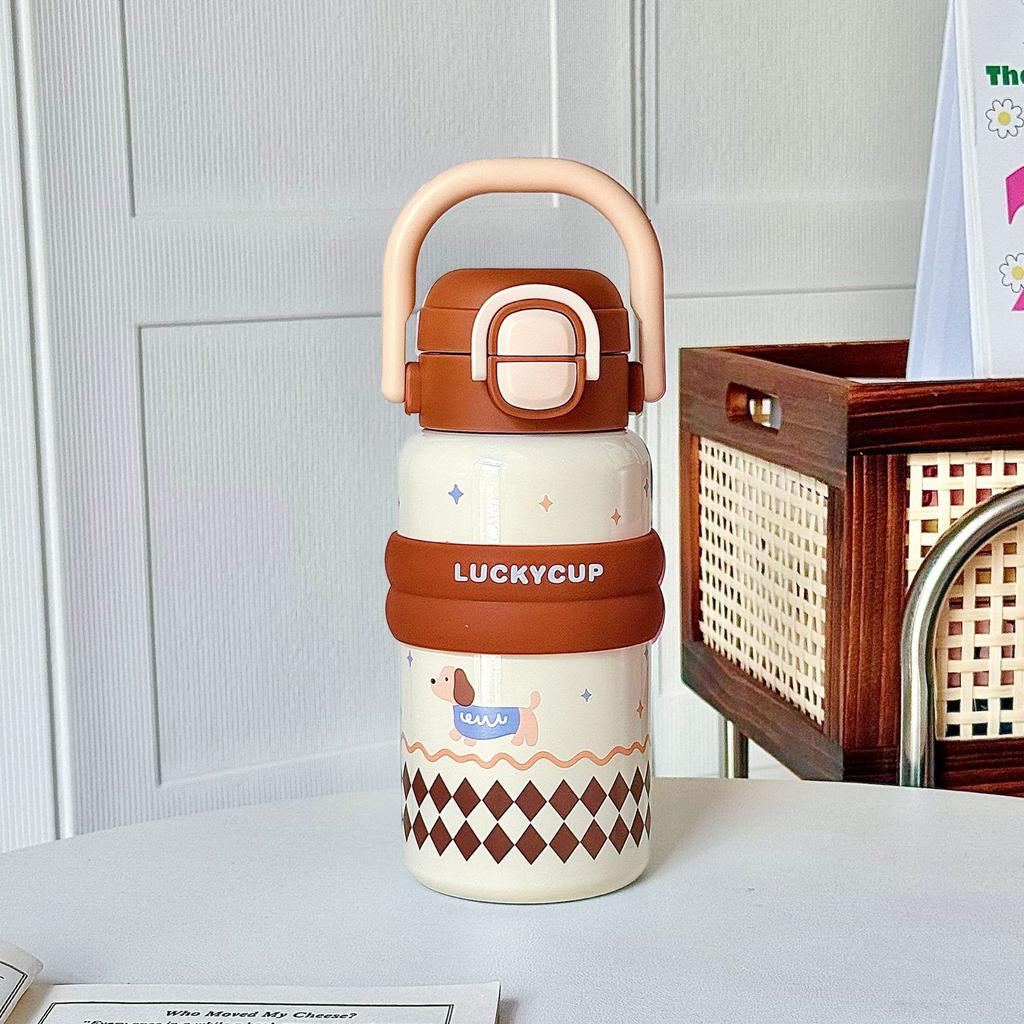 Tecknad söt termosmugg flickor högt värde rostfritt stål sugrörsmugg student tecknad stor kapacitet bärbart handtagsmugg