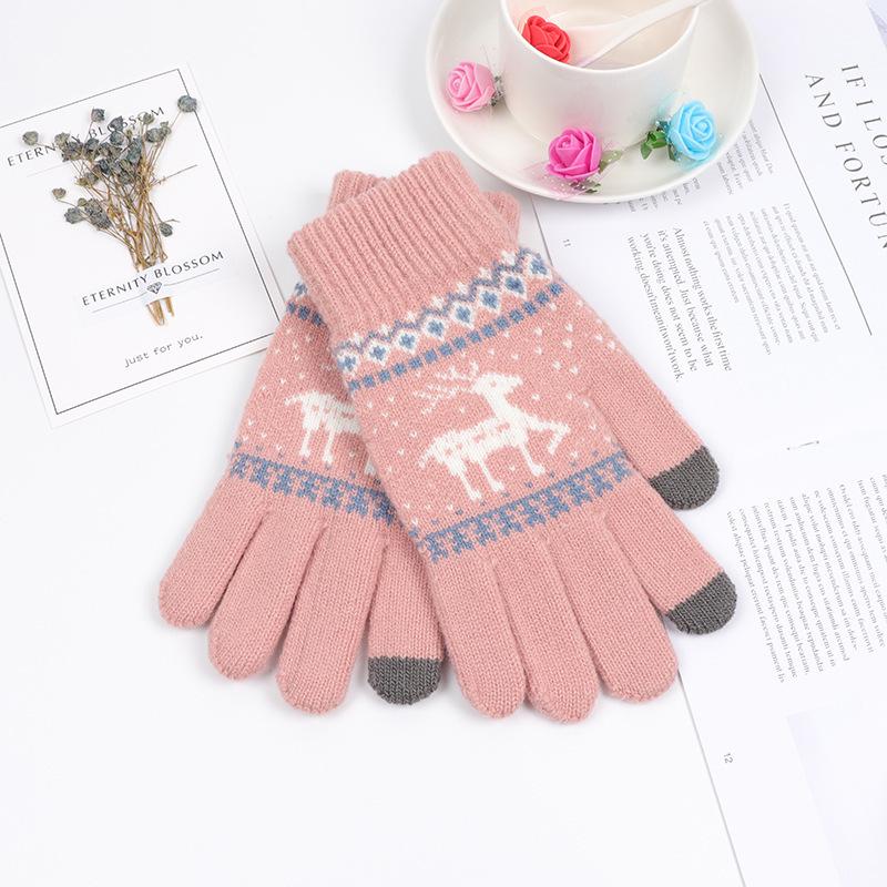 

Женские теплые шерстяные перчатки с сенсорным экраном в корейском стиле с принтом лося - Осенне-зимняя мода, Рождественская парная модель. Polyester розовый