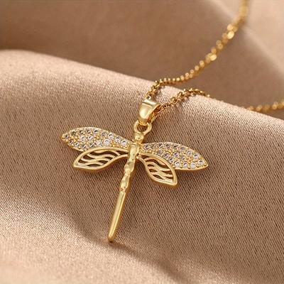 Colliers Tendance Couleur Or Ailes de Libellule Pour Femmes Acier Inoxydable Collier Cristal Bijoux de Tous les Jours Cadeaux