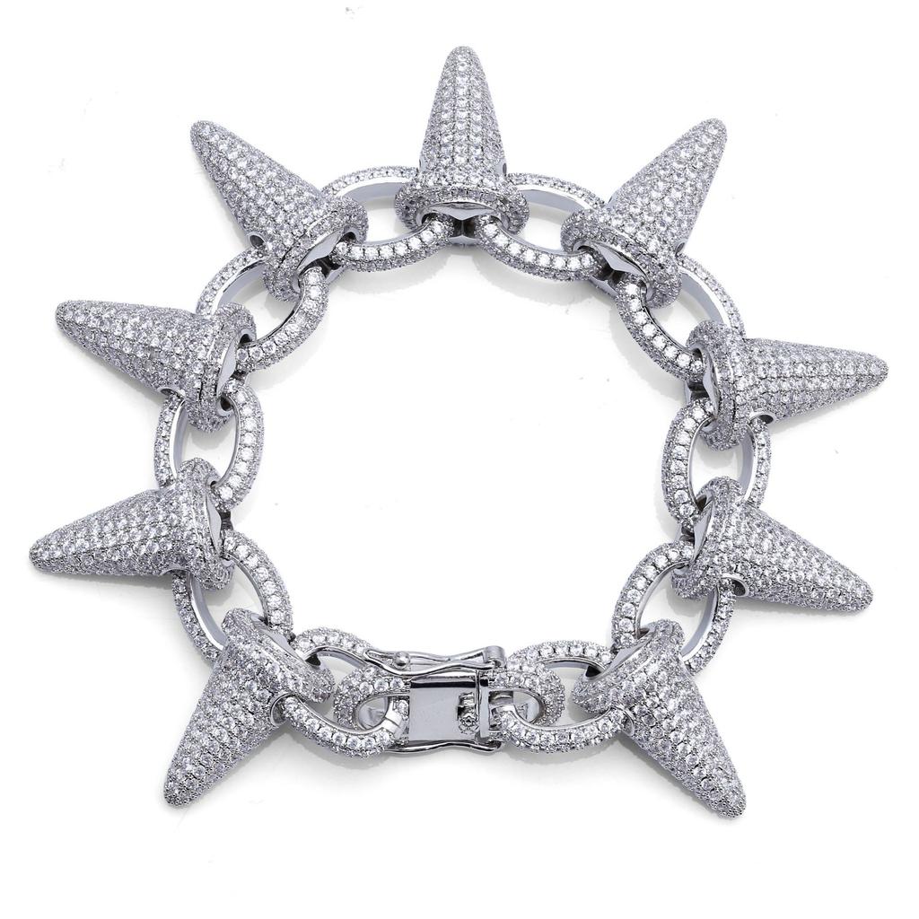 New 28mm Luxury Punk Rock Iced Out Rivet Spikes Cuff Bangles Bracelets Bling Cubic Zircon HipHop Gold Silver Gifts for Men Women
