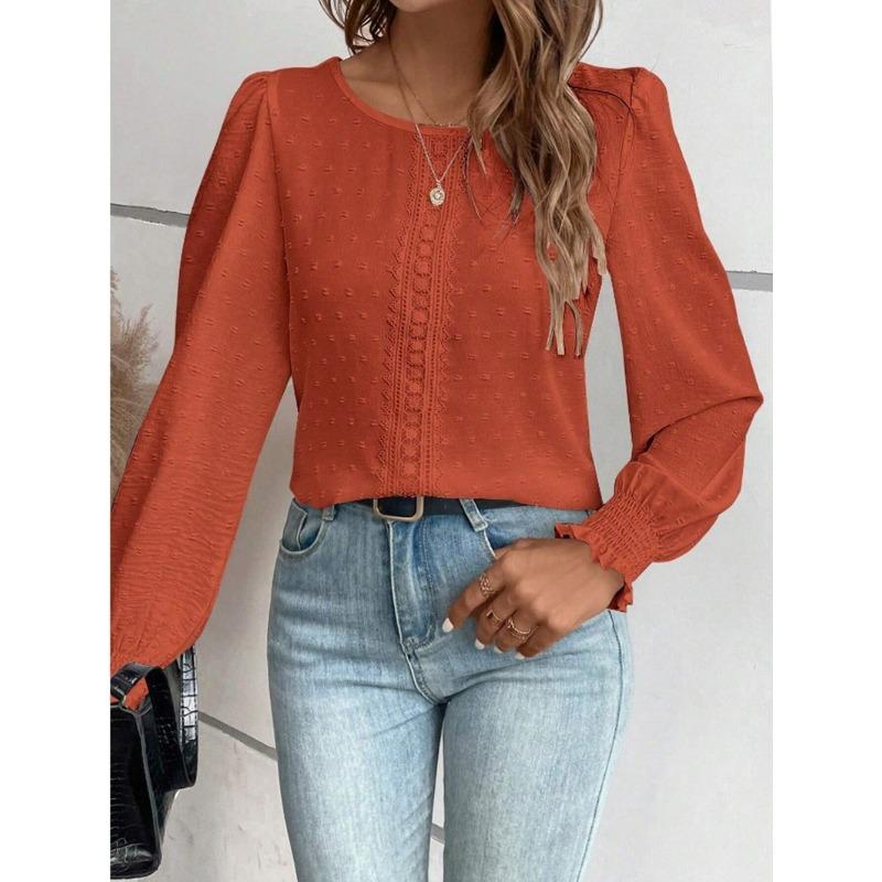 Elegante Dames Ronde Hals Kant Blouse Nieuw Lange Mouw Kantoor Casual Shirt Effen Kleur Tops Lange Mouw Lente Herfst Eenvoudige Zoete Kleding
