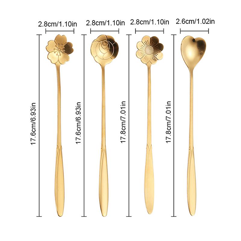 4Pcs/Set Mixing Spoons Small Flower Teaspoon Stainless Steel Coffee Spoon Cute Ice Cream Dessert Spoon Kitchen Accessories
