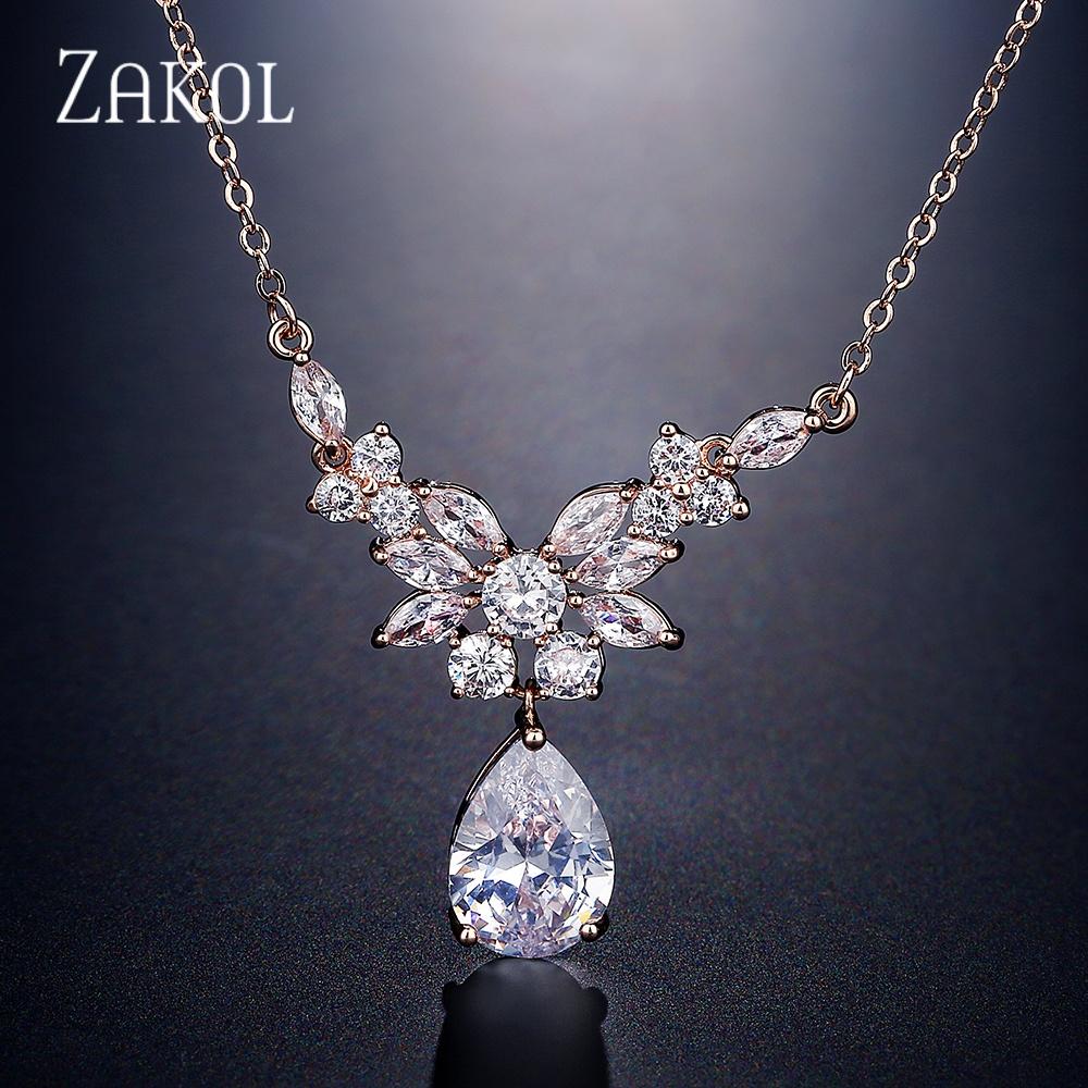 ZAKOL Elegant Temperament Pendant Style Cubic Zircon Women's Necklace Bride Banquet Shiny Charming Fashion Jewelry Gifts
