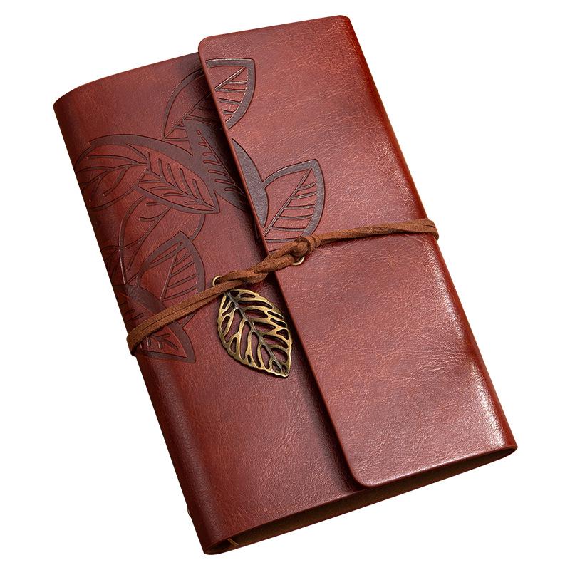 Retro A6 Leather Cover Notebook: Japanese Korean Style Planner & Travel Diary with Leaf Design and Strap.