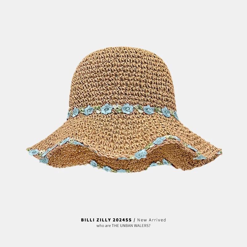 Lace Lace Beach Hat Straw Hat Women's Summer Curled Seaside Hollow Lafite Sun Hat Big Brim