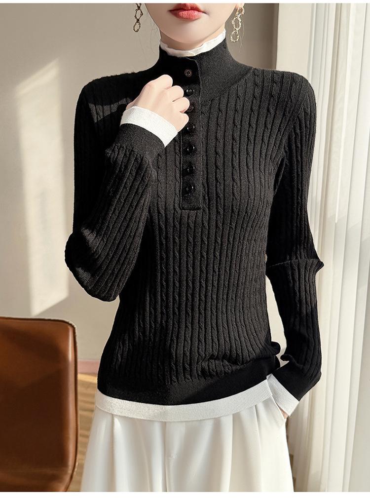 Half-Open Stand Collar Contrast Faux Two-Piece Slim Fit 60s Merino Wool Cable Knit Sweater